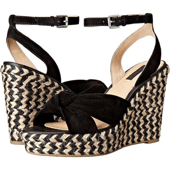 Frye Size 9M Black Suede Wedge Sandals | Braided Espadrille Heel, Sold Out, New - Picture 1 of 10